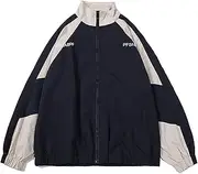 [GAI] Men's Varsity Jacket Harajuku Vintage Bomber Jackets Techwear Windbreaker Color Block Unisex Coats Korean Streetwear, Blue, Medium