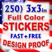 250 3x3 Custom Printed Full Color Vinyl Car Bumper Sticker Outdoor Decal Die Cut