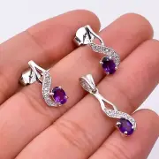 Natural Amethyst Oval Stone 925 Sterling Silver Designer Pendant & Earrings Set