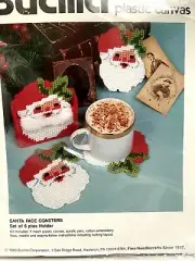 VTG Bucilla Christmas Coasters and Holder Kit Set 6 Plastic Canvas Retro Santa