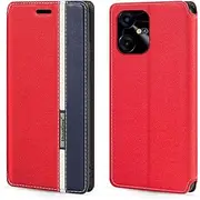 [Shantime] Classic Stripes Faux Leather Flip Case Compatible with Tecno Pova Neo 3, Invisible Magnetic Cover with Card Slot, Contrast Color Design(Red)