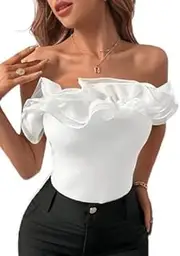 [Generic] Elegant Off-Shoulder Ruffle Top, White, Fitted Bodice