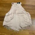 Blue B Halter Top Women Size Medium Beige Rhinestone Fringe Sleeveless Party Top