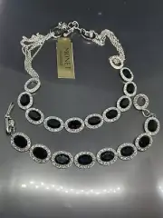NWT Monet Black Rhinestone Clear Crystal Silvertone Chain Necklace Bracelet SET