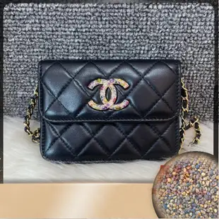 【二手正品】 CHANEL 香奈兒 雙C 彩鑽 黑色 小羊皮 腰包 鏈帶包 肩背包 斜背包