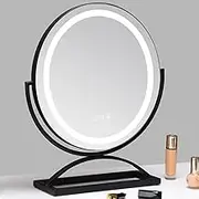 Round LED Lighted Up Makeup Mirror, Large Makeup Mirror with Lights, Large Lighted Vanity Mirror, Light Up Mirror with Smart Touch 3 Colors Dimmable, Tabletop Mirror, 360° Rotation,Black