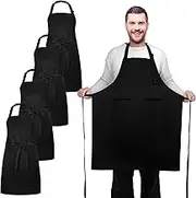 Cozypower 4 Pcs Plus Size Apron for Big and Tall Extra Large and Long Chef Apron with 2 Pockets Adjustable Bib Cooking Black for Women Men Cooking Kitchen BBQ Work, Water and Oil Resistant, Black