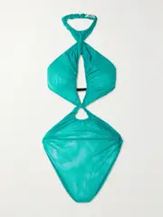 [SUPRIYA LELE] SUPRIYA LELE - Backless Cutout Ruched Mesh Halterneck Bodysuit - Turquoise - small small Blue