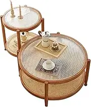 Round Coffee Tables Set of 2 - Side End Tables with Tempered Glass Top & Rattan Storage Compartment - Solid Wood Frame for Living Room Bedroom Home Office,A