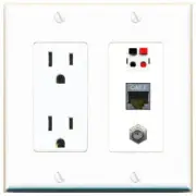 3 Port Power Outlet Cover Plug Jack UL 2 Gang CAT7 COAX SPEAKER Wall Plate