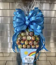 Feel Better-Get Well Soon Candy Bouquet-Gift Box Chupa Chups Lollipops Blue Bow
