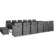 vidaXL 17 Piece Outdoor Dining Set - Weather Resistant Poly Rattan Furniture Set in Grey & Dark Grey with Steel Frame - Includes Table, Chairs, Stools and Cushions.