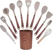 Kitchen Utensil Set, 12 Pack Cooking Utensils Set with Wooden Handles and Wood Grain Storage Bucket, Heat Resistant Multi Functional Silicone Spatula for Non Stick Frying Pans and Pots (Brown)