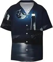 [HJLUUFT] Moonlight Lighthouse Men's Shirts,Classic Hawaiian, Cuban Styles,Vacation Wear - Breathable Button Down Shirts for Men