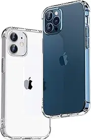 [ONES] iPhone 12/12 Pro Case Clear『 Military Shockproof Airbags 』『 Speaker Resonance 』〔 Screen Lens Guard 〕〔 Anti-Slip 〕〔 Strap Hole 〕Thin Transparent Impact Absorb Anti-Yellow Silicone Cover