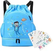 Children's Swimming Bag, Gym Bag, Water-Repellent String with Wet Compartment, Attached, 10 Pieces Cartoon Sea Stickers, Children Waterproof Training Bag for Children, Swimming, Camping Activities