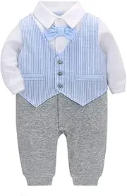 [famuka] Baby Boy Formal Suit Gentleman Romper and Stripe Vest Two Pieces Wedding Tuxedo Outfit