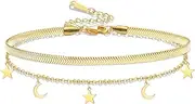 [VASSAGO] Dainty Star and Moon Layered Anklet for Women Stainless Steel Crescent Moon Star Bracelet Adjustable Boho Beach Jewelry
