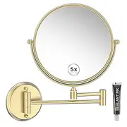 RECKODOR 8 Inch Bathroom Makeup Mirror Wall Mounted Gold, 360 Swivel Vanity Mirror with Magnification, Extendable Arm, 1X/5X Two-Sided, Brass Material, Brushed Light Gold