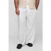 Mens White Plus Linen Look Elasticated Waist Baggy Trousers
