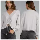 Elan Top Womens Medium pull string V Neck gray Stone pullover