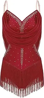 [Raenseen] Sexy Women's Ruched Mesh Dance Leotard w/Tassels | Samba Salsa Jazz Bodysuit | Latin Performance Costume