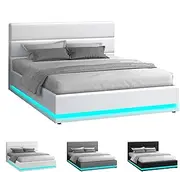 ALFORDSON Bed Frame Queen Size with LED Light & Gas Lift Storage Base, Bed Platform Foundation with PU Leather Upholstered Tufted Headboard for Mattress Topper, Max 320kg, Bertold White