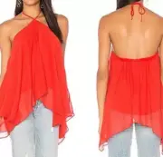 Alice + Olivia Top XS Tish Chiffon Halter Backless Stretchy Silk Tank Poppy Red