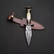 Handmade Damascus Dagger Knife With Bone & Deer Horn Handle With Leather Sheath