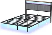 [Ufurniture] Floating Bed Frame Queen Size with LED Lights, Upholstered Headboard & Charging Station and USB Ports,Metal Platform Bed, No Box Spring Needed