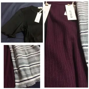 Miolla 澳洲品牌Cotton On 黑色/深紫色/淺藍灰條紋彈性直條絞花織紋圓領T恤