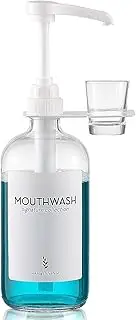 onsogi Glass Mouthwash Dispenser with Cup Holder and Pump, 16 Oz Rustic Boho Mouthwash Dispenser for Bathroom Farmhouse Decor - 1 Pack Clear