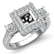 Pave Pre-Set Diamond 3 Stone Engagement Round Princess Ring Platinum 950 1.1Ct