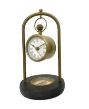3" Brass Hanging Watch on Wooden Base with Mounted Compass - Elegant Nautical