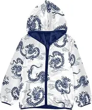 [GuoChe] Girls Sherpa Jacket With Hood Oriental Style Chinese Dragons Blue Toddler Girl Clothing Navy Blue Baby Girl Zip Up