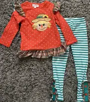 2 Piece Girl Scarecrow Ruffled Top With Striped Pants Size XL (age 5) Stretchy