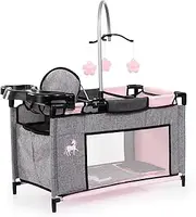 Bayer Design 62633AB Doll Bed with Cupboard, Seat, Mobile, Shelf, Duvet, Cushion, Denim Grey, Pink, Unicorn