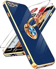 iPhone 7 Plus/8 Plus Case: 2 Pack Tempered Glass Screen Protector, 360° Rotatable Ring Holder, Magnetic Kickstand, Gold Plated Edge, Blue