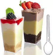 TOFLEN 50 Pack 3 oz Mini Dessert Cups with Spoons, Square Tall Clear