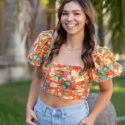 Zara Womens Balloon Sleeve Crop Top Flounce shirt l Orange Floral sz lg NWT
