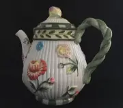 FRITZ and FLOYD 6 Cup Teapot BRAIDED HANDLE Covered with Flowers Brand New