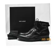 NIB Saint Laurent YSL Black Army Moto stud lace buckle Leather boots EU45 US12