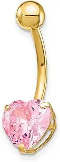 [JewelryWeb] Yellow Gold With 8mm Pink CZ Simulated Diamond Love Heart Belly Ring Dangle