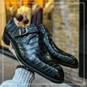 Handmade Men's Black Cowhide Leather Crocodile Embossed Single Monk Dress Shoes