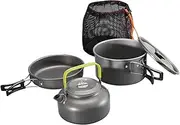 Eigell 3Pcs Camping Cooking Set with Mesh Bag Outdoor Cook Gear Camping Cookware Mess Kit Frying Pan, Teapot, Kettle for Trekking