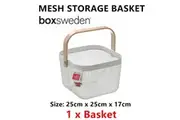 1 x White Mesh Storage Basket 25x25CM Wooden Handle Home Decor Container Organiser Bin