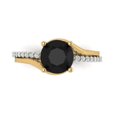 1.72Ct Round Cut Natural Onyx Solid Gold Solitaire with Accents Engagement Ring