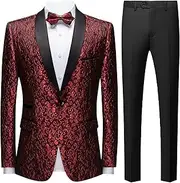 [Zylphorix] Mens Floral Jacquard Dress Suit 2 Piece Print Dinner Tuxedo Lapel One Button Jacket Pants Set