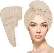 Microfiber Hair Drying Towel with Button 1Pack Khaki Waffle Long Hair Head Wraps Twist Plopping Curly Shower Turban Terry Cloth Fast Absorbent Dry Anti Frizz Hair Wraps for Women Wet Hair