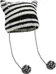 [XYIYI] Crochet Hats for Women Fox Knit Hat with Pompoms Grunge Goth Accessories Slouchy Beanies for Women Girls